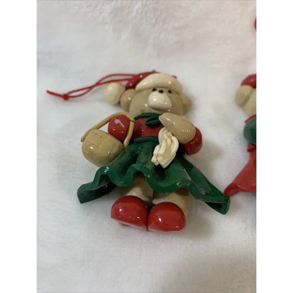Lot Of 2 Vintage Glazed Salt Dough Type Christmas Bear Festive Holiday Ornaments